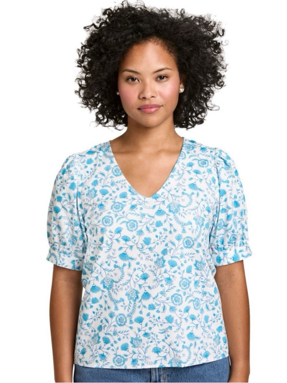 Draper James V-Neck Floral Print Women’s Top in Light Blue - SMALL